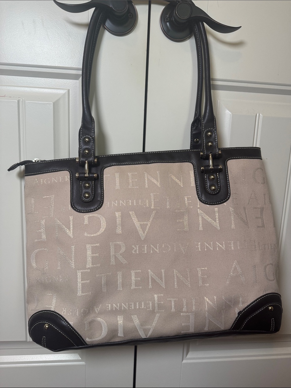 Etienne Aigner Beige Canvas Tote bag purse with Dark Brown leather Trim/gold - Picture 9 of 11